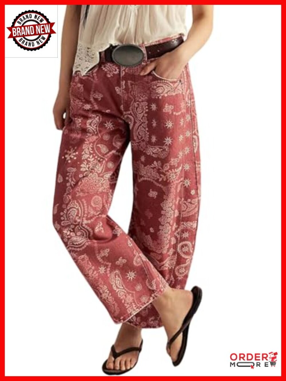 Women's Floral Print Denim Barrel Jeans Boyfriend Wide Leg